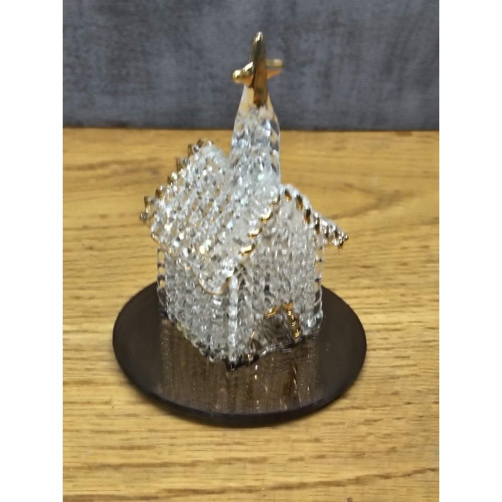 Spun‎ Glass Church Figurine, Clear with gold Accents, Mirrored Base
